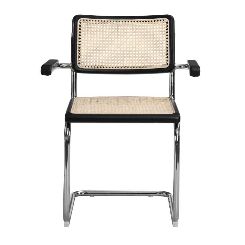 Rayna Pair of 2 Solid Beech Dining Chairs with Armrests, Natural Cane & Chrome (Black) - Image 5
