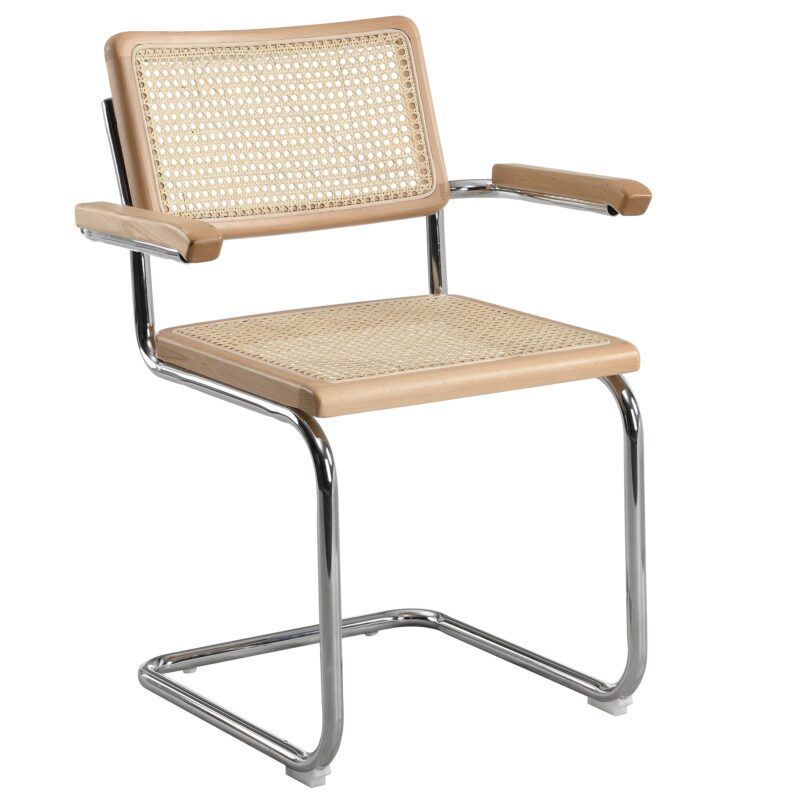 Rayna Pair of 2 Solid Beech Dining Chairs with Armrests, Natural Cane & Chrome (Natural) - Image 2