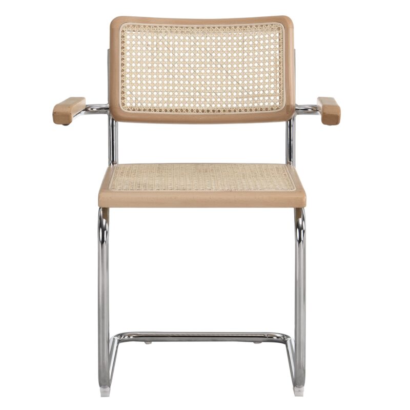 Rayna Pair of 2 Solid Beech Dining Chairs with Armrests, Natural Cane & Chrome (Natural) - Image 5