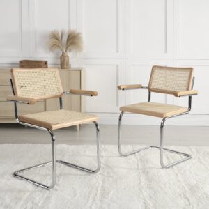 Rayna Pair of 2 Solid Beech Dining Chairs with Armrests, Natural Cane & Chrome (Natural)