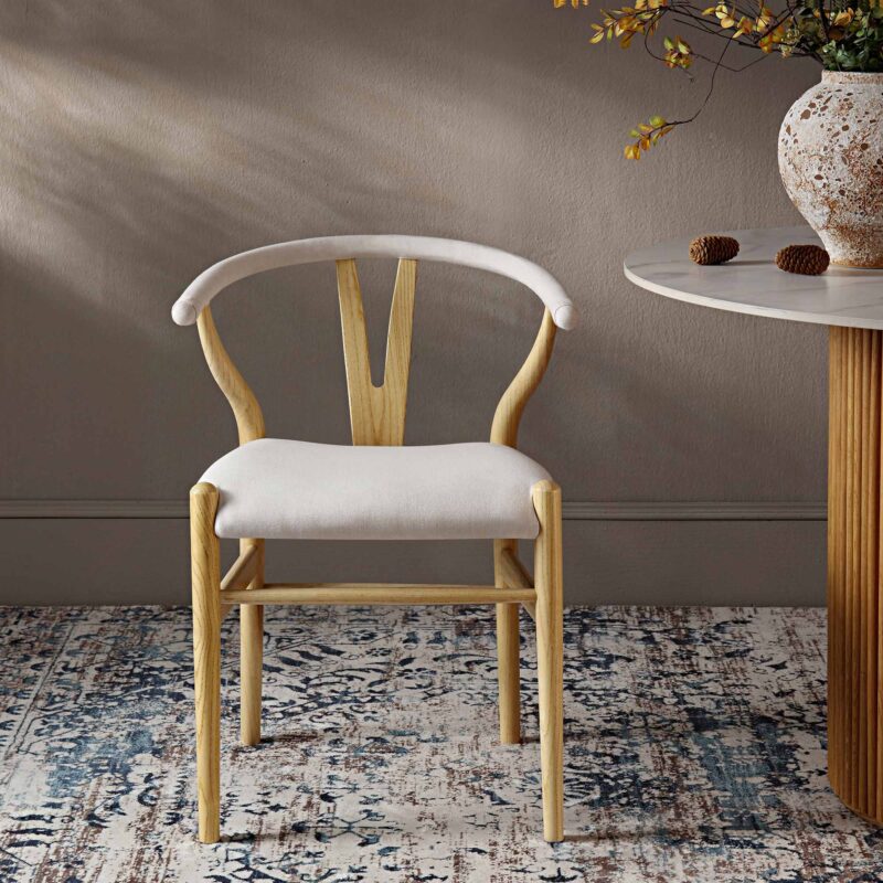 Hansel Upholstered Padded Dining Chair, Beige Fabric and Natural Frame - Image 2