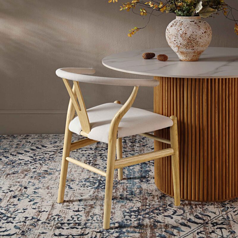 Hansel Upholstered Padded Dining Chair, Beige Fabric and Natural Frame - Image 3