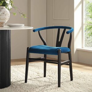 Hansel Upholstered Padded Dining Chair, Blue Velvet and Black Frame