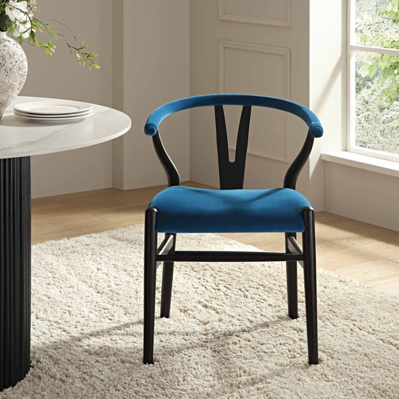 Hansel Upholstered Padded Dining Chair, Blue Velvet and Black Frame - Image 2