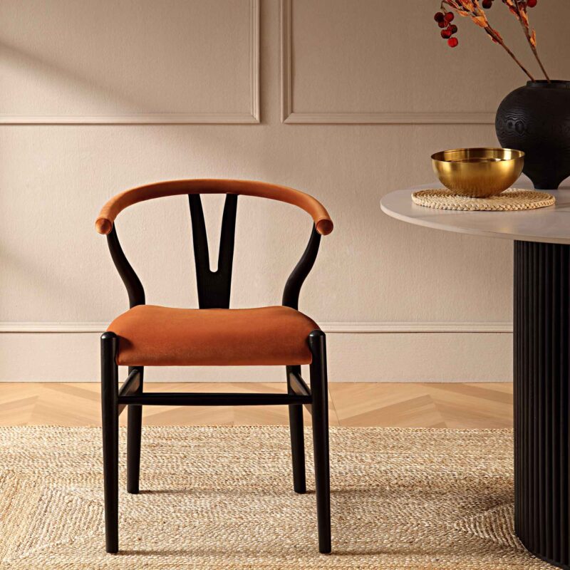 Hansel Upholstered Padded Dining Chair, Rust Velvet and Black Frame - Image 2