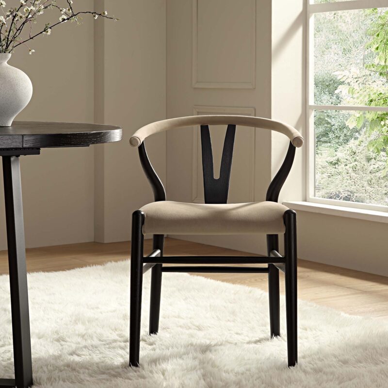 Hansel Padded Dining Chair, Taupe Velvet and Black Frame - Image 2