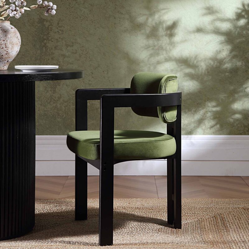 Stanford Curved Oak Frame Upholstered Chair, Moss Green Velvet Black Frame - Image 2