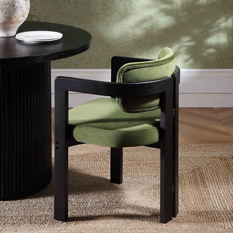 Stanford Curved Oak Frame Upholstered Chair, Moss Green Velvet Black Frame - Image 3