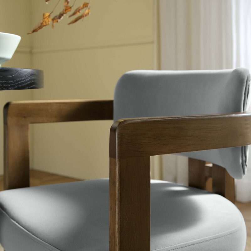 Stanford Curved Walnut Wood Frame Grey Velvet Chair - Image 3