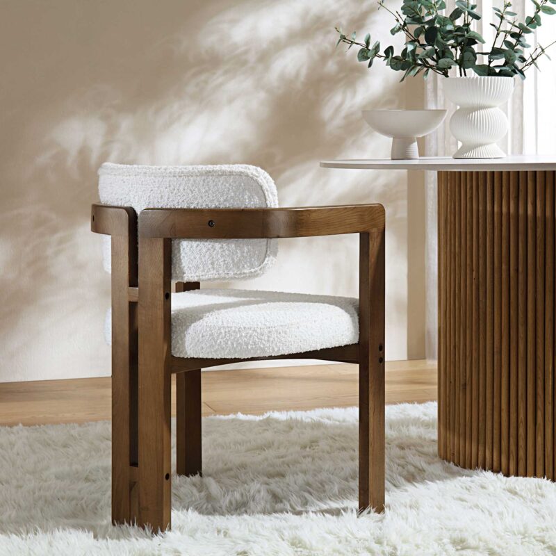 Stanford Curved Oak Frame Upholstered Chair, White Boucle Light Walnut Frame - Image 2