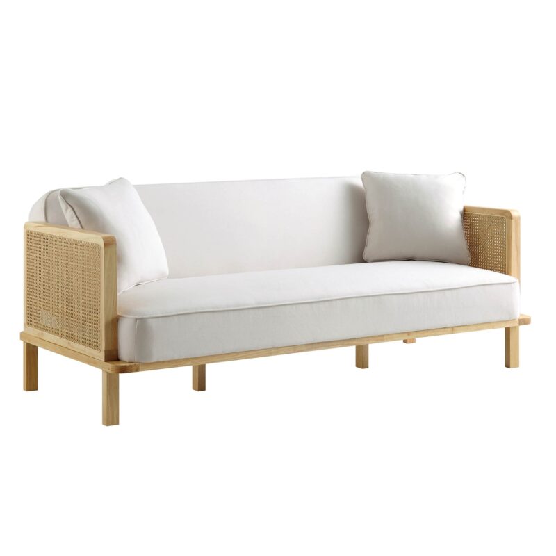 Pienza Cane Sofa Bed, Beige Woven Fabric with Natural Solid Oak Frame - Image 4
