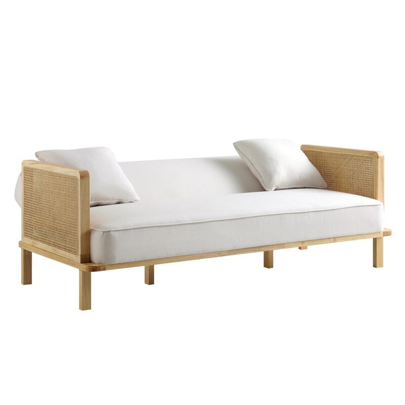 Pienza Cane Sofa Bed, Beige Woven Fabric with Natural Solid Oak Frame - Image 8