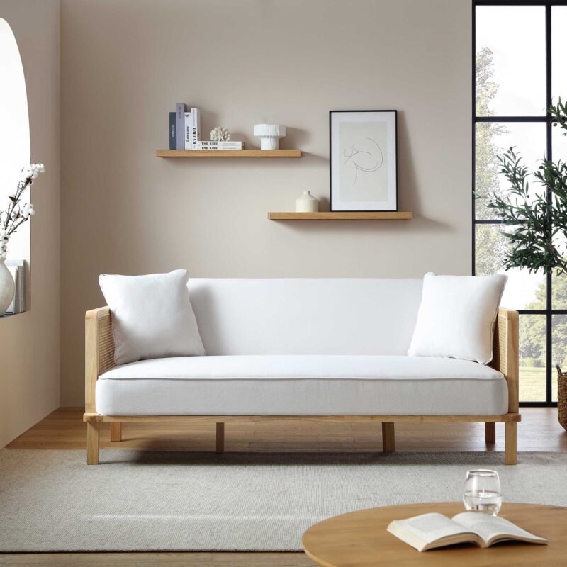 Pienza Cane Sofa Bed, Beige Woven Fabric with Natural Solid Oak Frame - Image 2