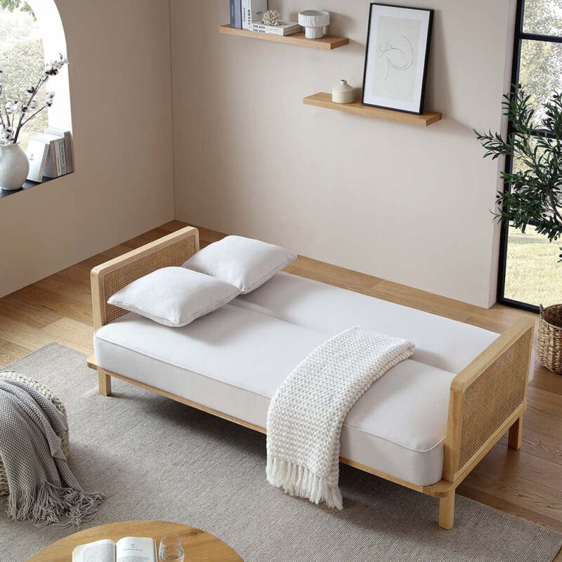 Pienza Cane Sofa Bed, Beige Woven Fabric with Natural Solid Oak Frame - Image 3