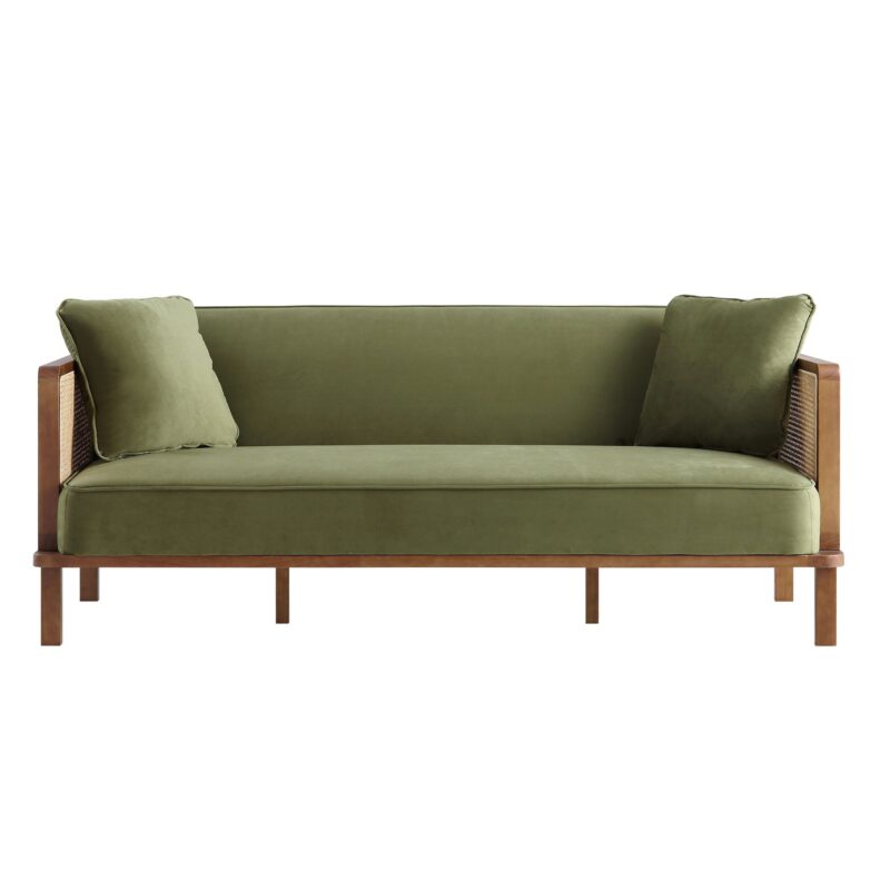 Pienza Cane Sofa Bed, Moss Green Velvet with Walnut Frame - Image 4