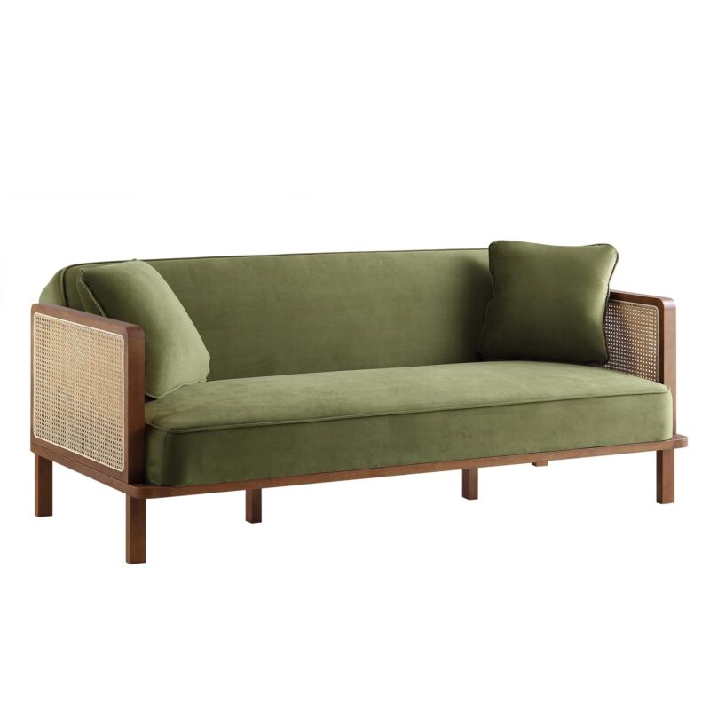 Pienza Cane Sofa Bed, Moss Green Velvet with Walnut Frame - Image 7