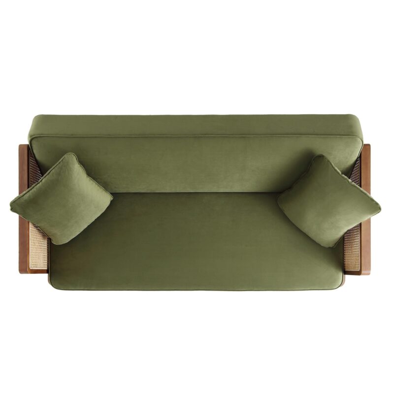 Pienza Cane Sofa Bed, Moss Green Velvet with Walnut Frame - Image 8