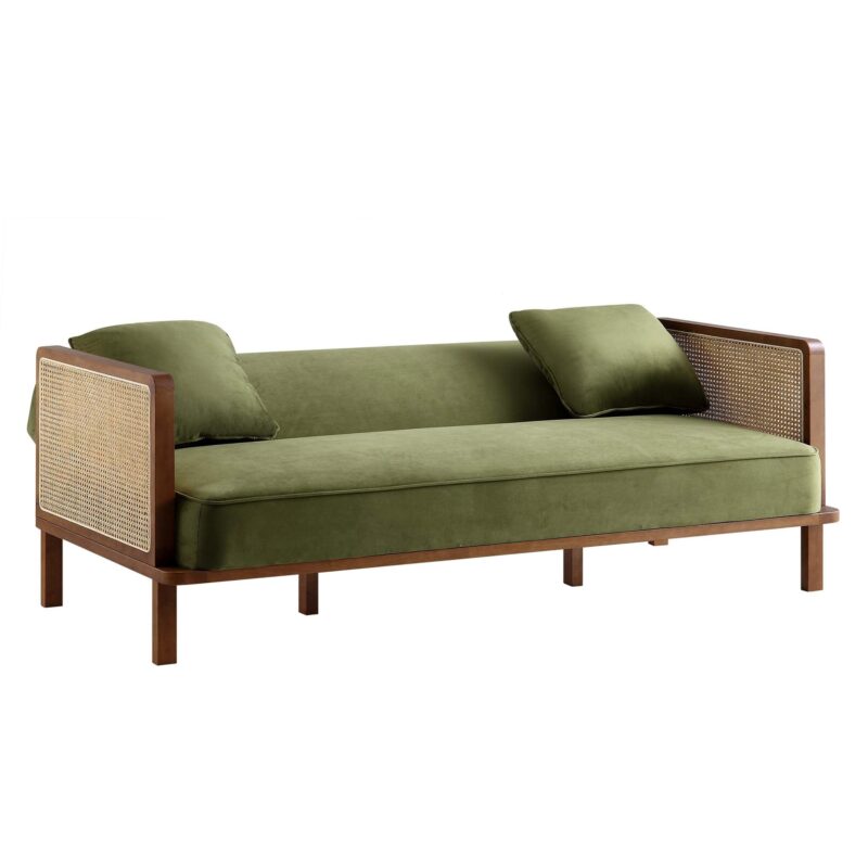 Pienza Cane Sofa Bed, Moss Green Velvet with Walnut Frame - Image 9