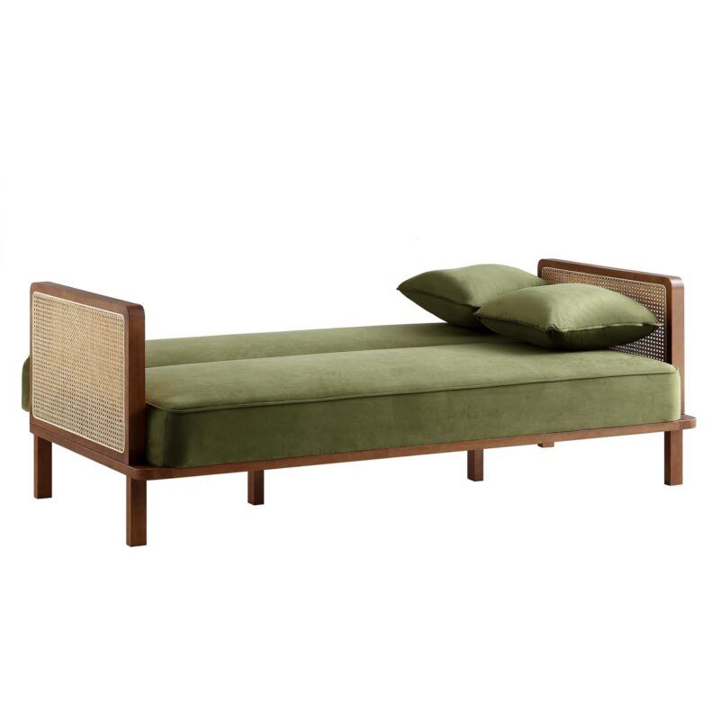 Pienza Cane Sofa Bed, Moss Green Velvet with Walnut Frame - Image 10