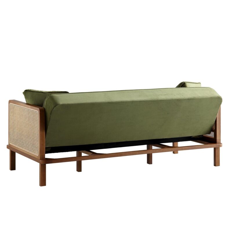 Pienza Cane Sofa Bed, Moss Green Velvet with Walnut Frame - Image 11