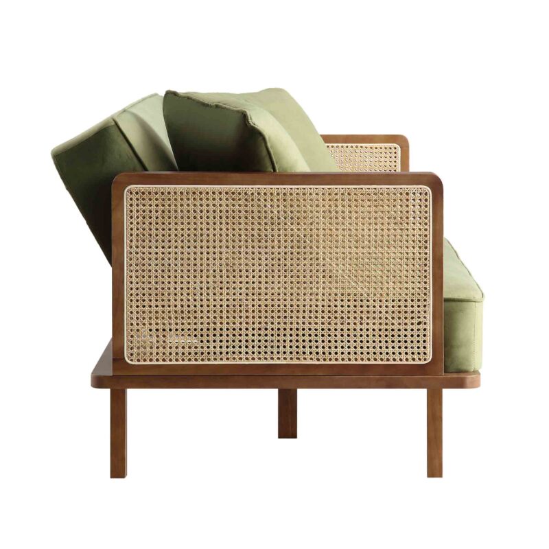 Pienza Cane Sofa Bed, Moss Green Velvet with Walnut Frame - Image 12