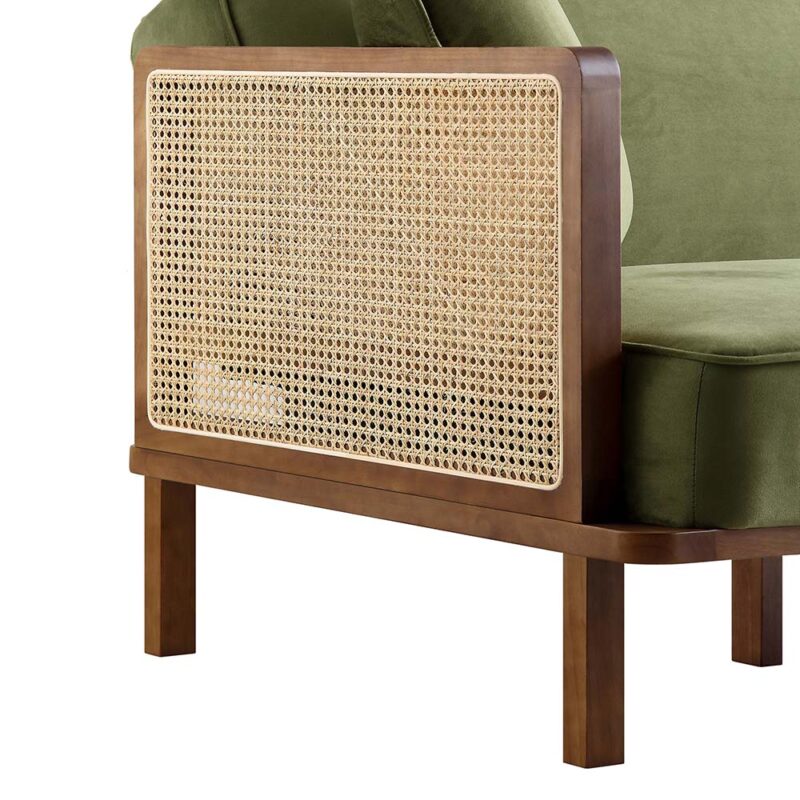 Pienza Cane Sofa Bed, Moss Green Velvet with Walnut Frame - Image 13
