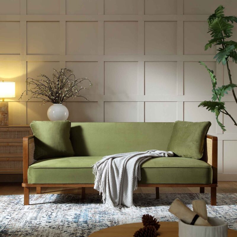 Pienza Cane Sofa Bed, Moss Green Velvet with Walnut Frame - Image 2
