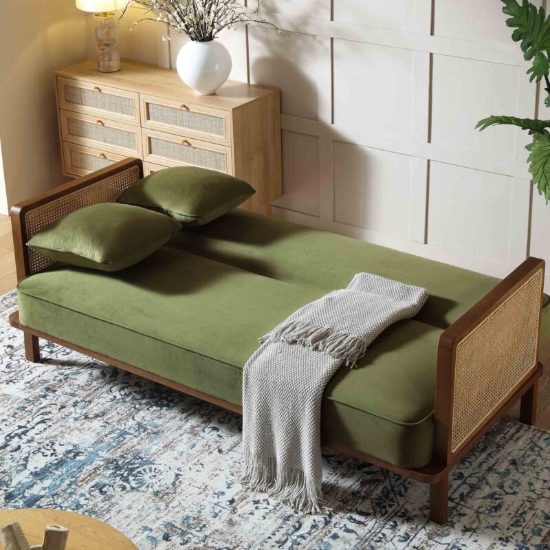 Pienza Cane Sofa Bed, Moss Green Velvet with Walnut Frame - Image 3