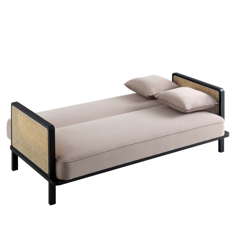 Pienza Cane Sofa Bed, Taupe Velvet with Black Solid Wood Frame - Image 10
