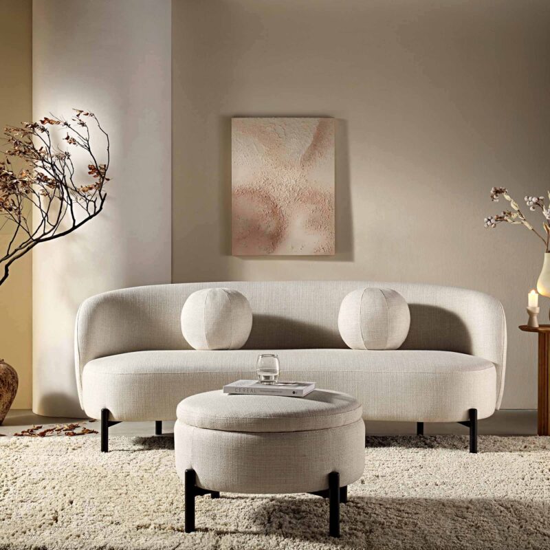 Amboise 3-Seater Curved Sofa with Ball Cushions, Beige Linen Blend - Image 2