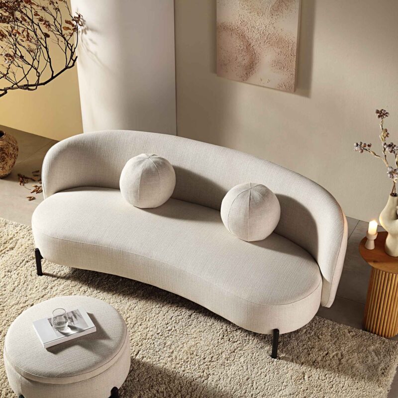 Amboise 3-Seater Curved Sofa with Ball Cushions, Beige Linen Blend - Image 3
