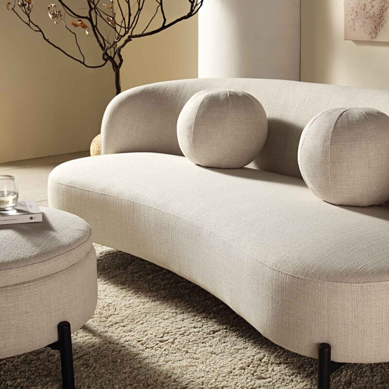 Amboise 3-Seater Curved Sofa with Ball Cushions, Beige Linen Blend - Image 4