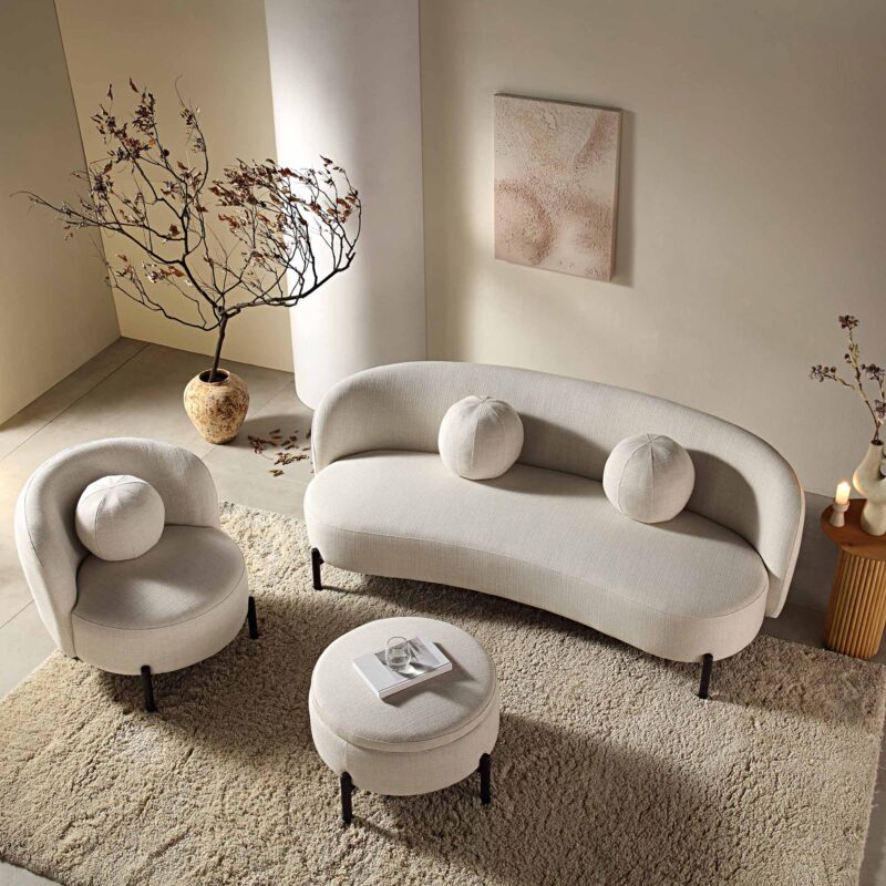 Amboise 3-Seater Curved Sofa with Ball Cushions, Beige Linen Blend - Image 5