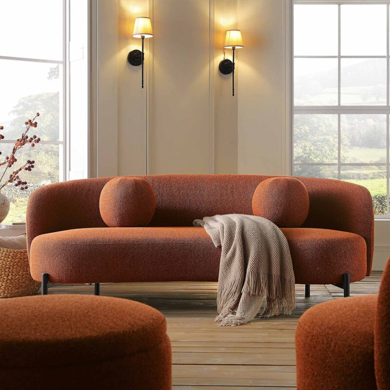 Amboise 3-Seater Curved Sofa with Ball Cushions, Brick Boucle - Image 2
