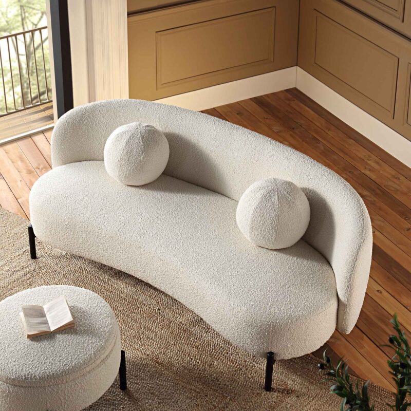 Amboise 3-Seater Curved Sofa with Ball Cushions, Ecru Boucle - Image 2