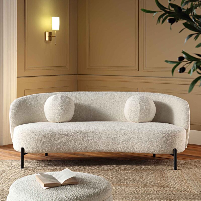 Amboise 3-Seater Curved Sofa with Ball Cushions, Ecru Boucle - Image 3