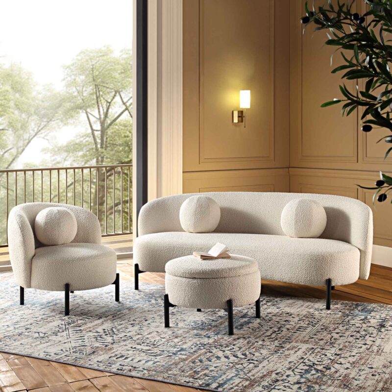 Amboise 3-Seater Curved Sofa with Ball Cushions, Ecru Boucle - Image 5