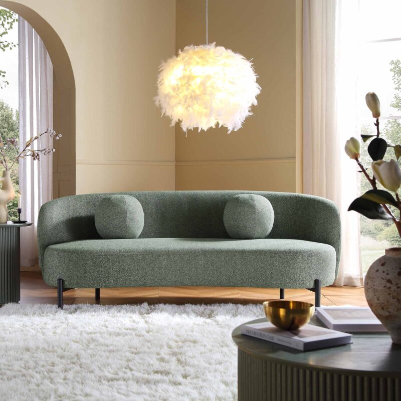 Amboise 3-Seater Curved Sofa with Ball Cushions, Spruce Green Textured Fabric - Image 2