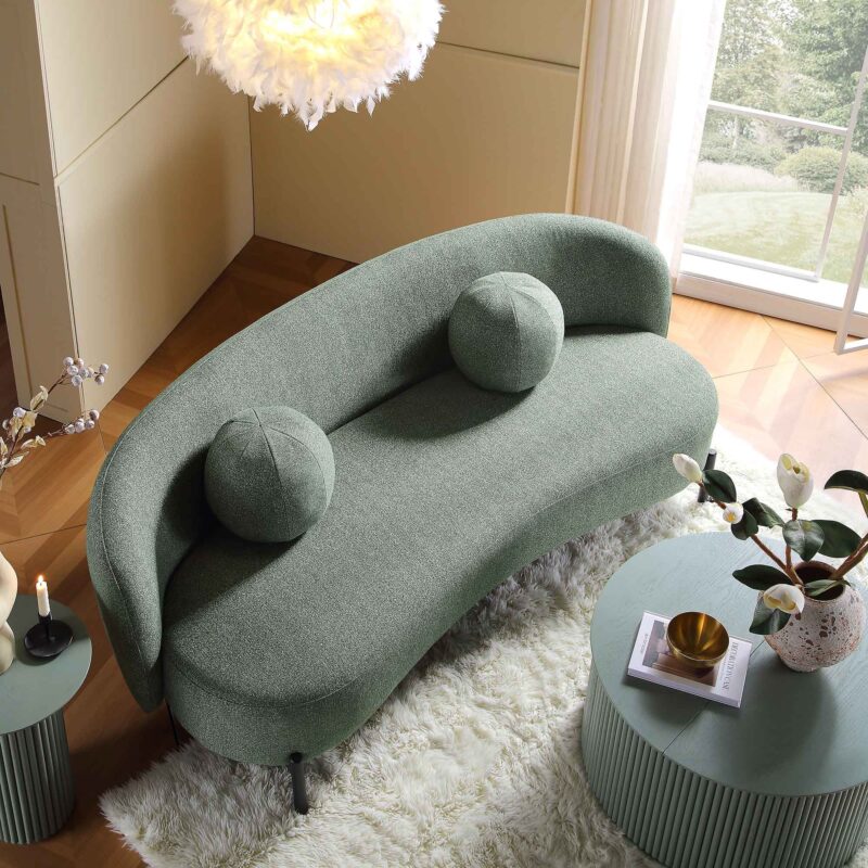 Amboise 3-Seater Curved Sofa with Ball Cushions, Spruce Green Textured Fabric - Image 3