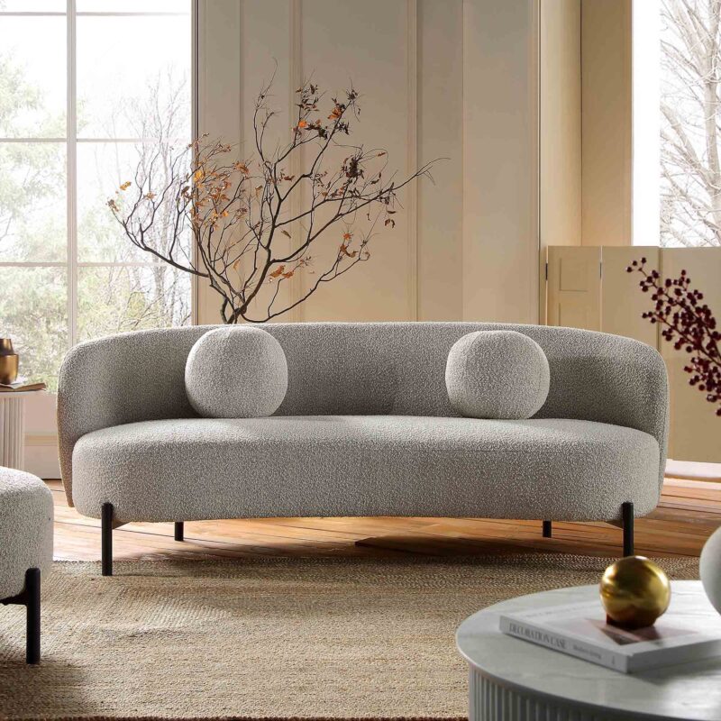 Amboise 3-Seater Curved Sofa with Ball Cushions, Mist Grey Boucle - Image 2