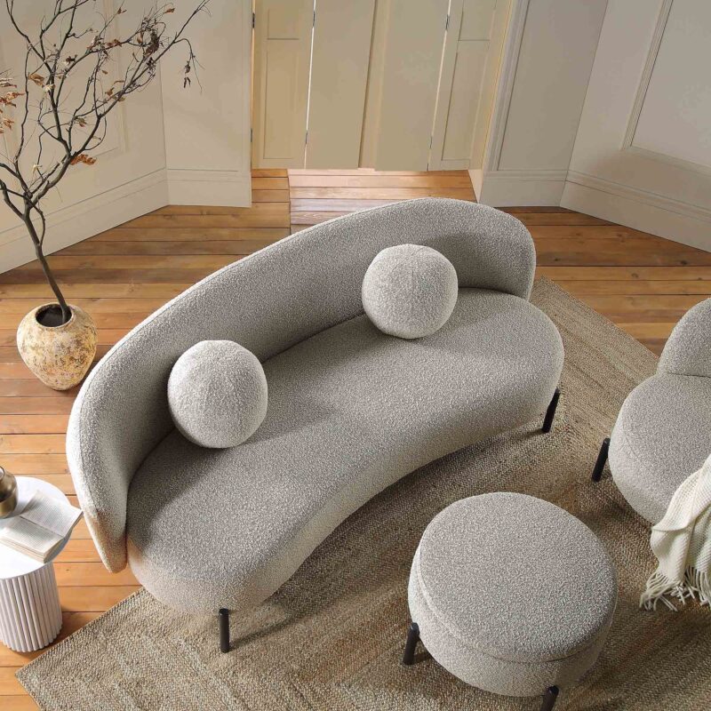 Amboise 3-Seater Curved Sofa with Ball Cushions, Mist Grey Boucle - Image 3