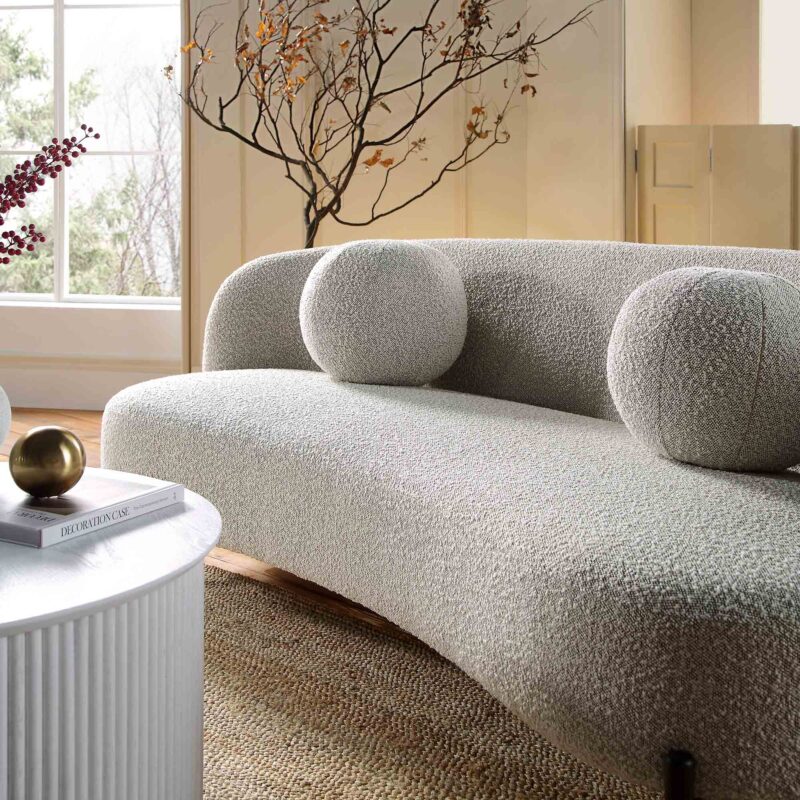 Amboise 3-Seater Curved Sofa with Ball Cushions, Mist Grey Boucle - Image 4