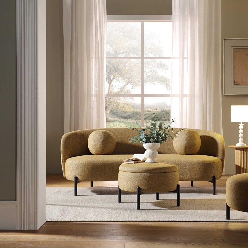 Amboise 3-Seater Curved Sofa with Ball Cushions, Marigold Textured Fabric - Image 2