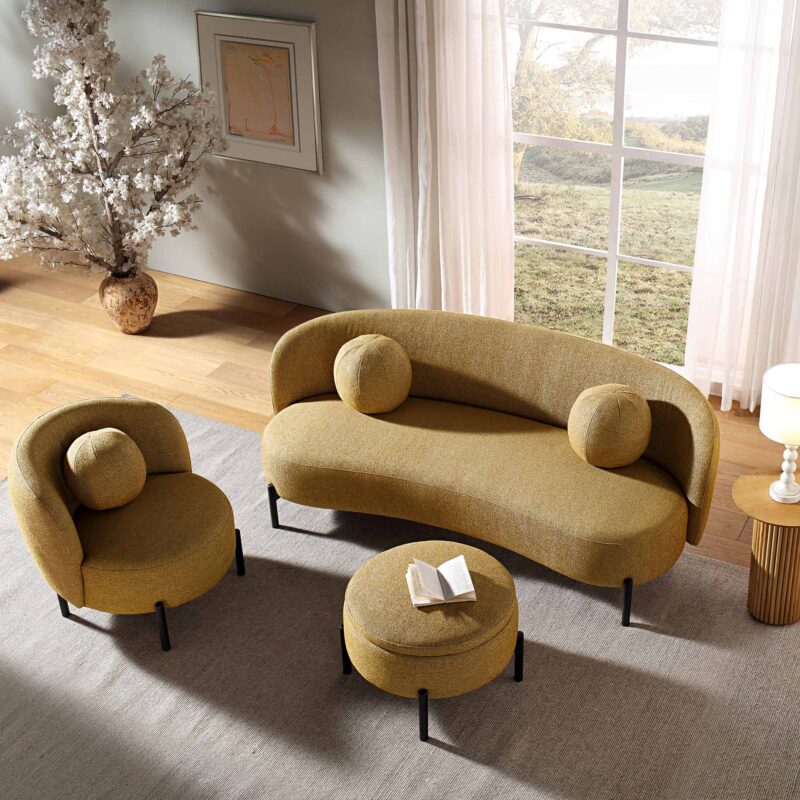 Amboise 3-Seater Curved Sofa with Ball Cushions, Marigold Textured Fabric - Image 4