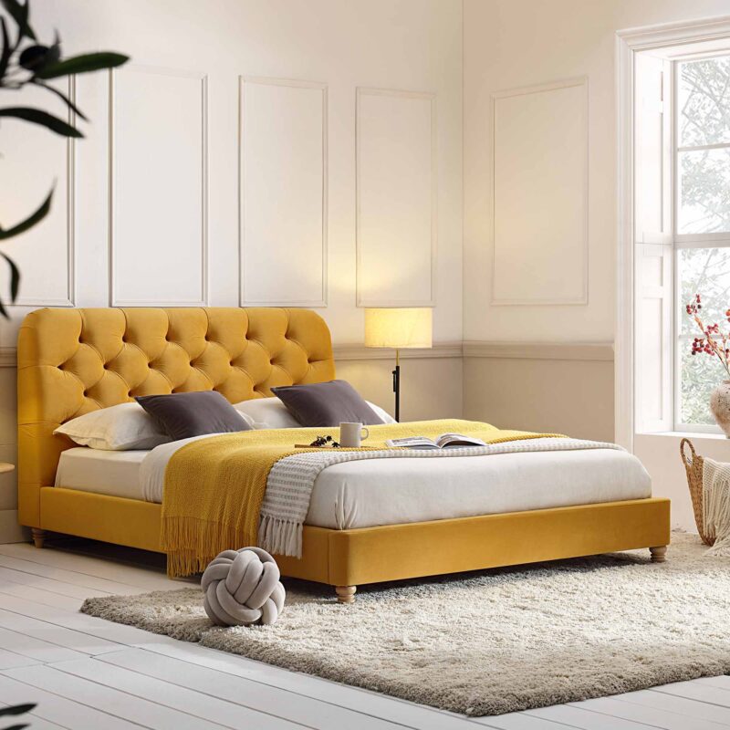 Leamington Deep-Buttoned Upholstered Bed, Turmeric Yellow Velvet - Image 2