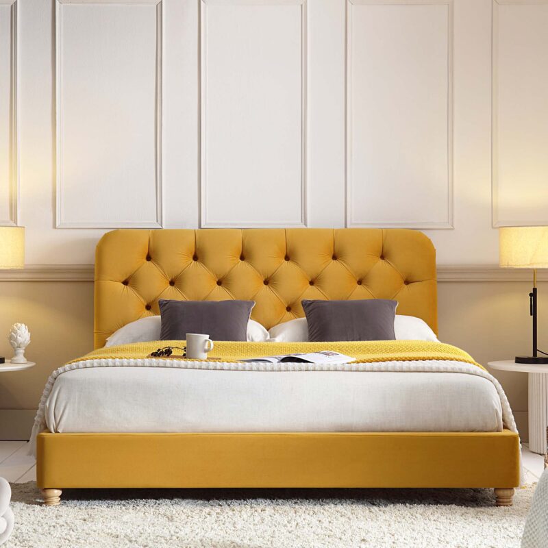 Leamington Deep-Buttoned Upholstered Bed, Turmeric Yellow Velvet - Image 3