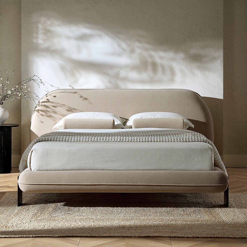 Elystan Oval Headboard Upholstered Bed, Warm Beige Fabric - Image 2