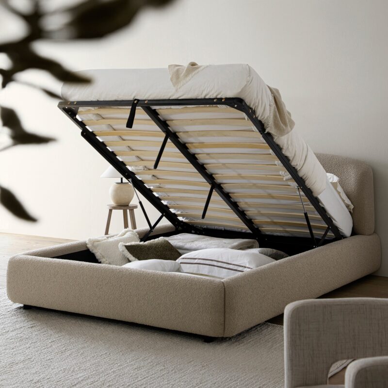 Constance Winged Headboard Ottoman Storage Bed, Light Taupe Boucle - Image 3