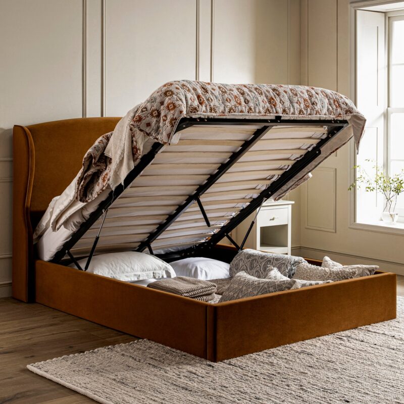 Kimberly Winged Upholstered Storage Bed, Cinnamon Velvet - Image 3