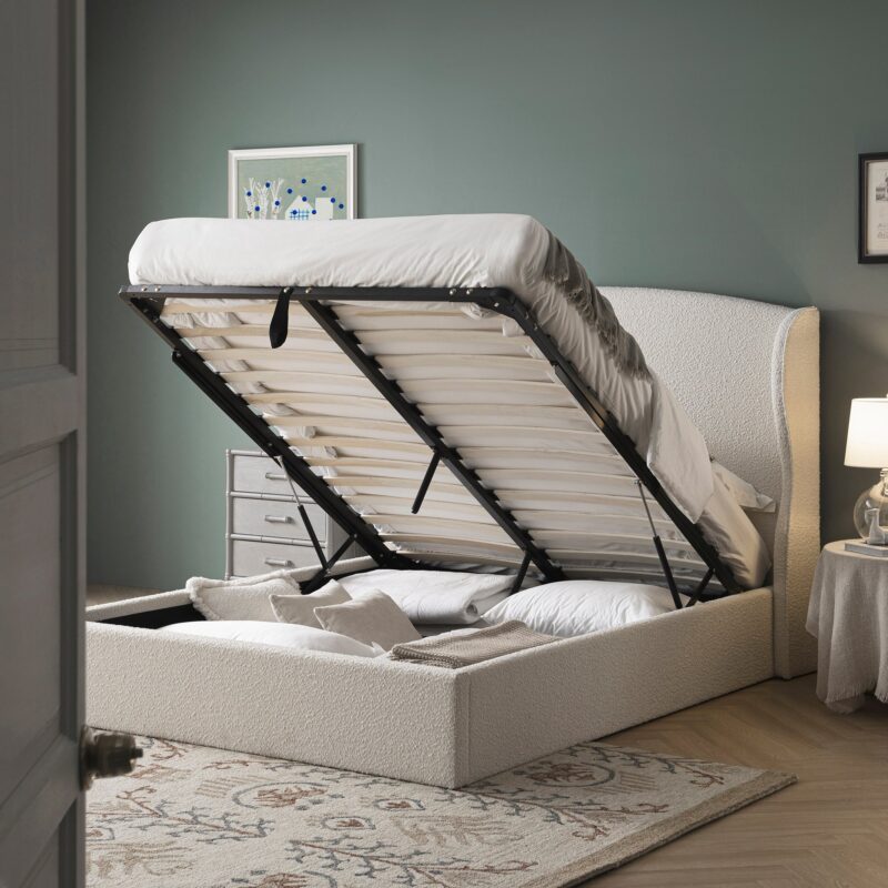 Kimberly Winged Upholstered Storage Bed, Ecru Boucle - Image 3